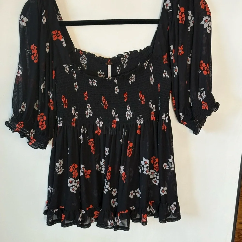Free People Delta Dawn Midnight Combo Black Blouse with Red Floral Design NWT